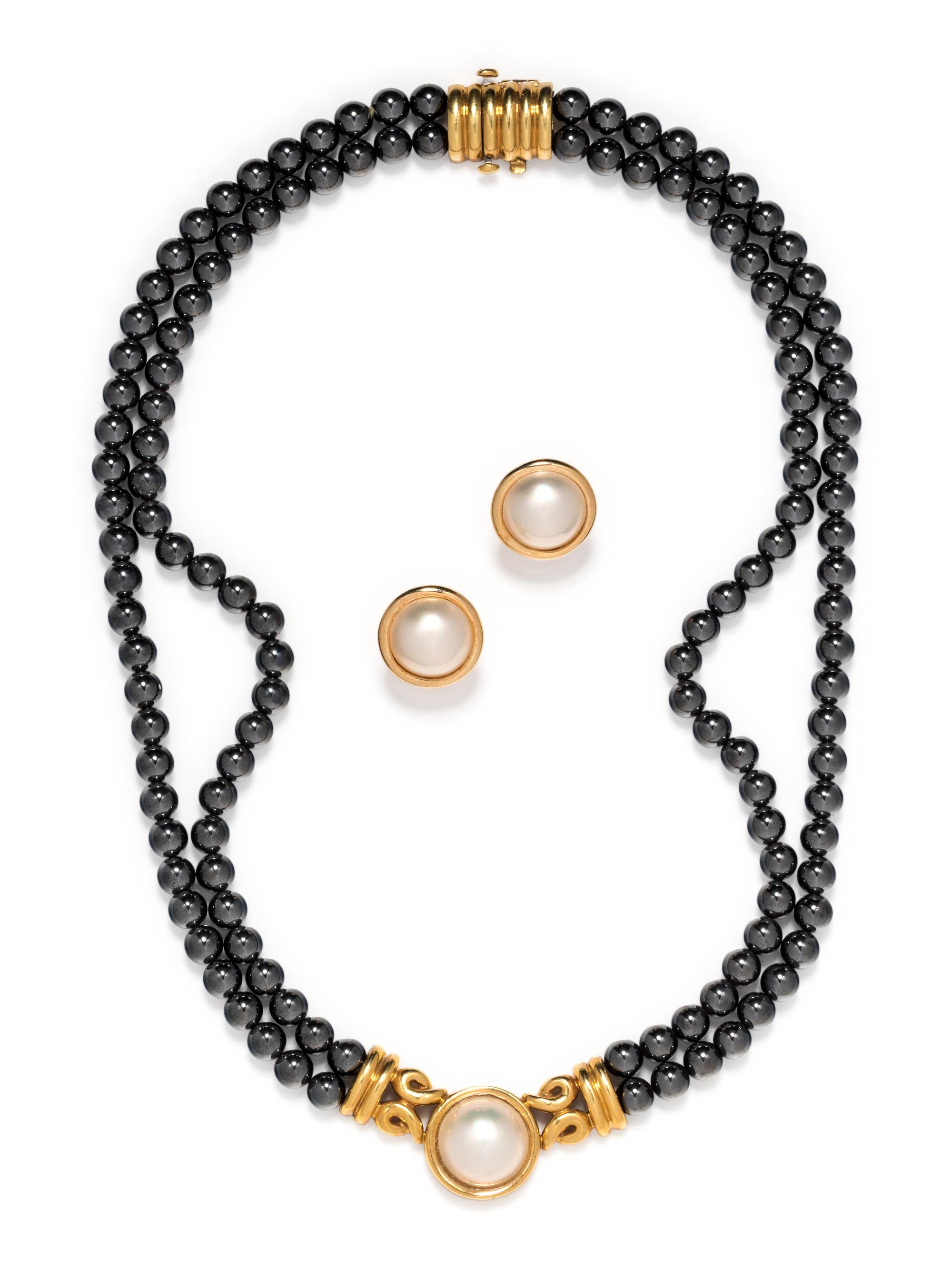 HEMATITE AND CULTURED MABE PEARL SET