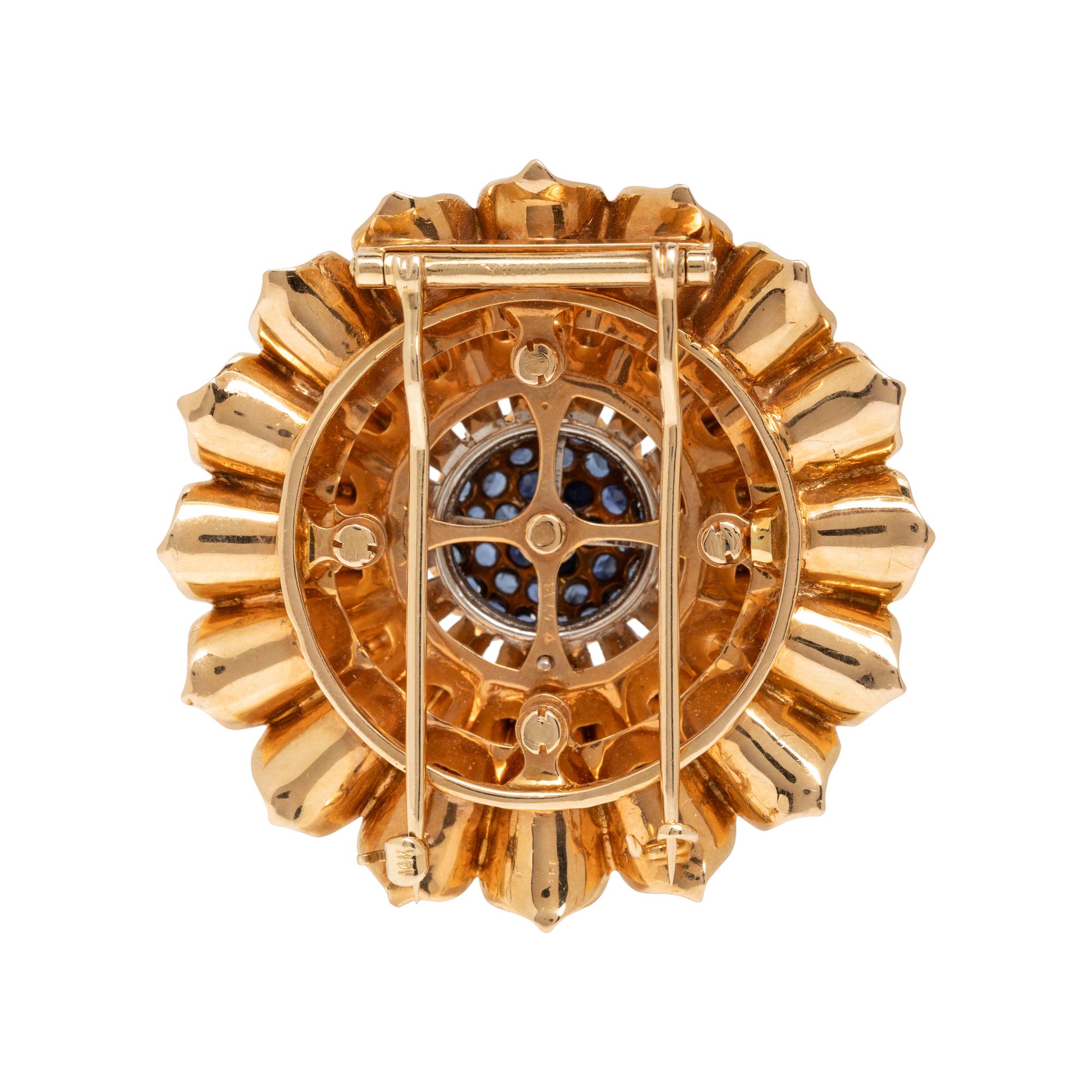 RAYMOND YARD, SAPPHIRE, DIAMOND, AND YELLOW GOLD BROOCH