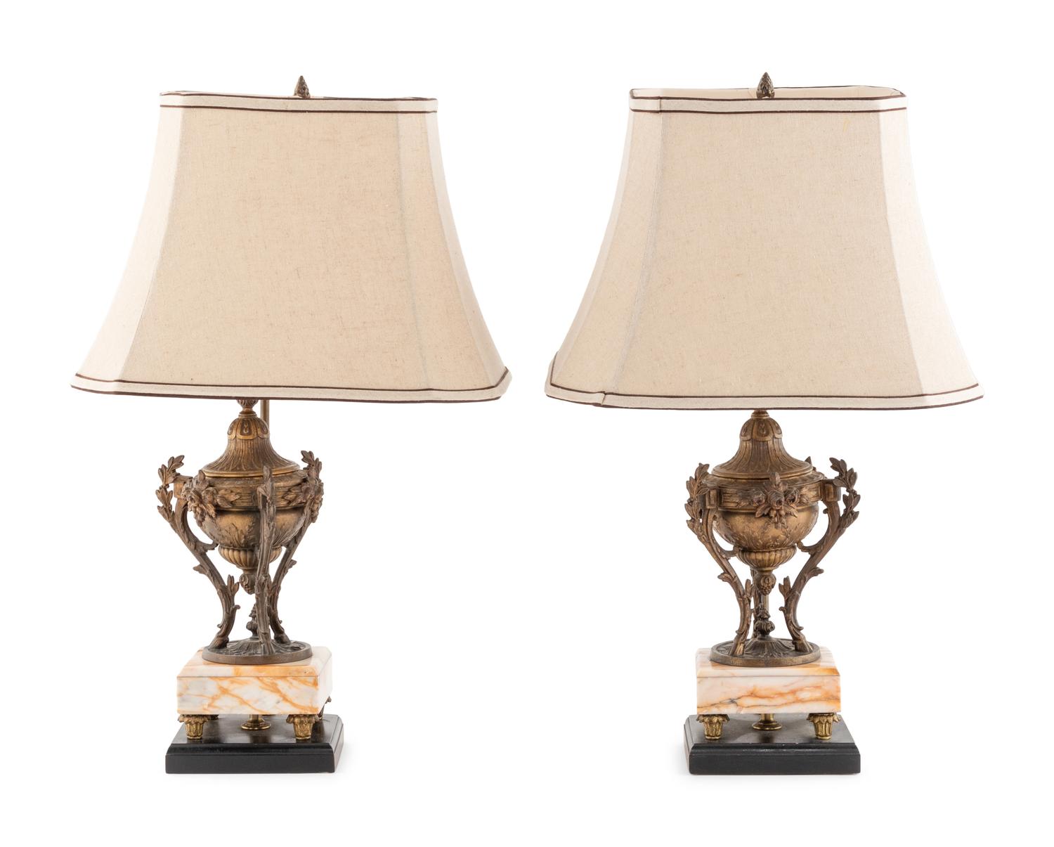 A Pair of Continental Bronze and Marble Cassolettes Mounted as Lamps