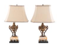 A Pair of Continental Bronze and Marble Cassolettes Mounted as Lamps