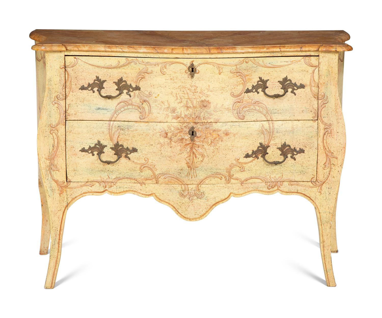 A Venetian Style Painted Faux Marble-Top Bombé Commode