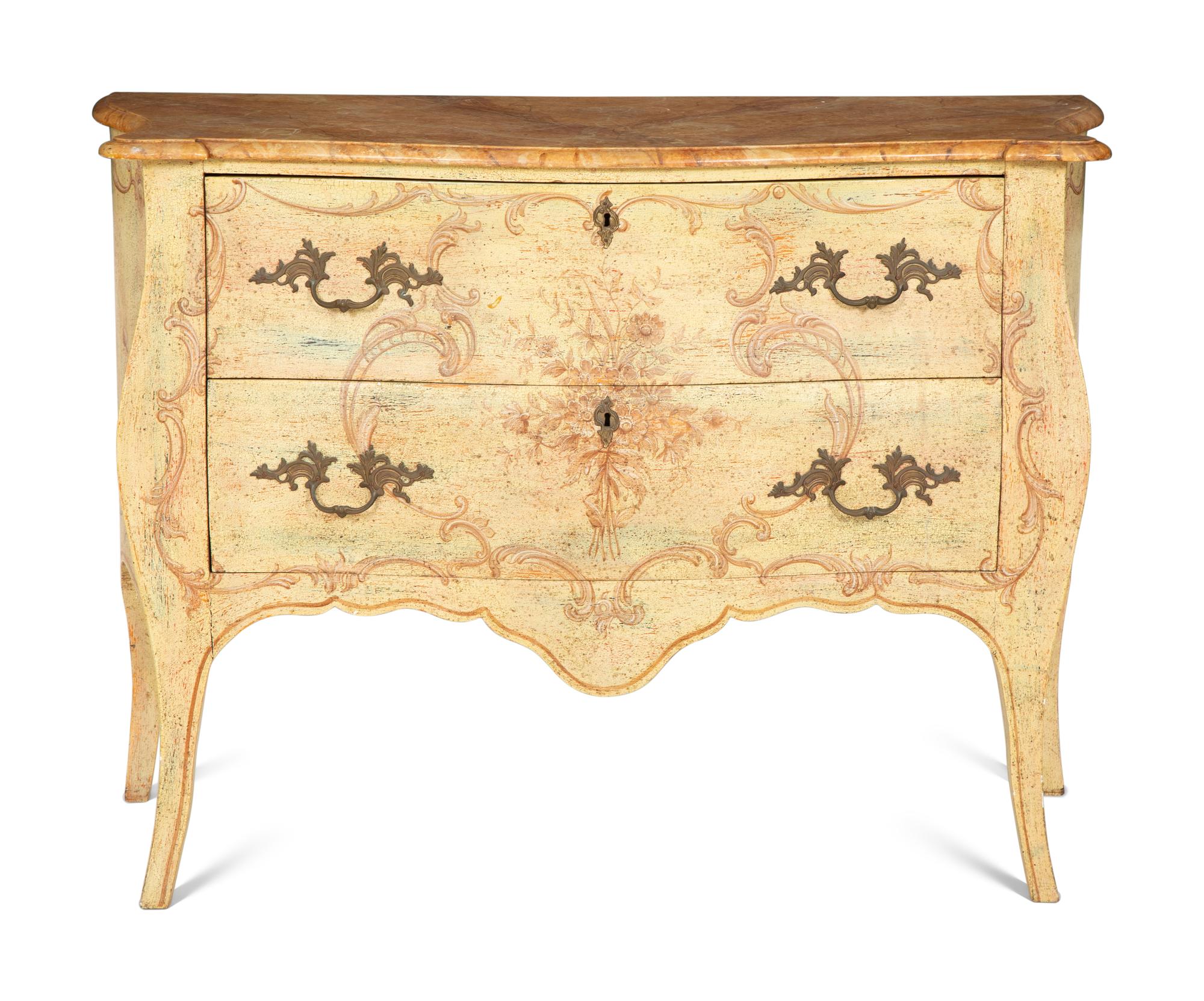 A Venetian Style Painted Faux Marble-Top Bombé Commode
