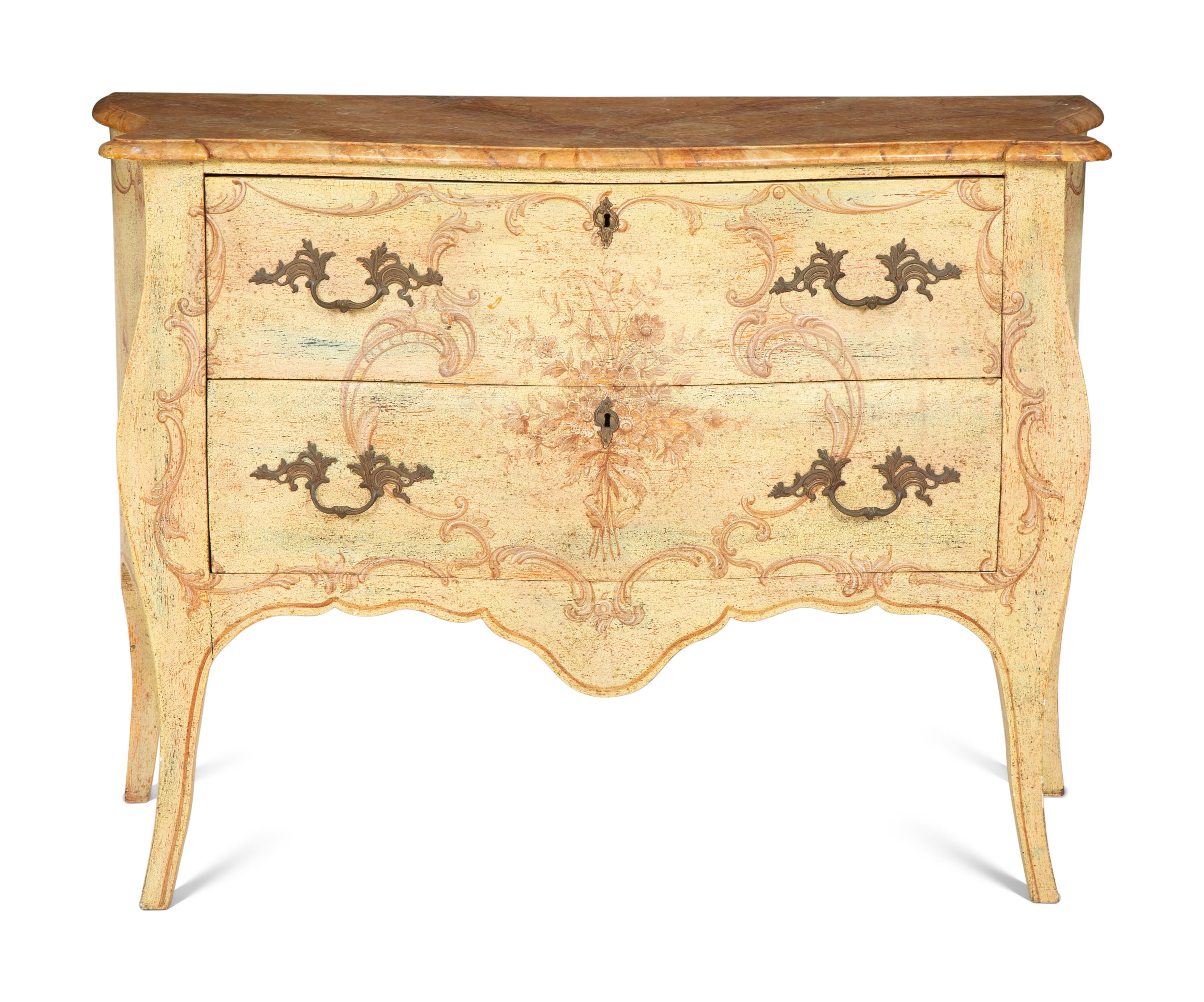A Venetian Style Painted Faux Marble-Top Bombé Commode