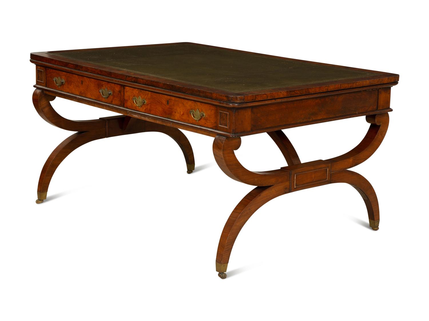A Regency Burlwood Library Table with Black Leather Inset Top