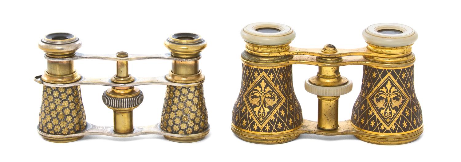 Two Pairs of Continental Enameled Opera Glasses, Width of first 5 7/8 inches.
