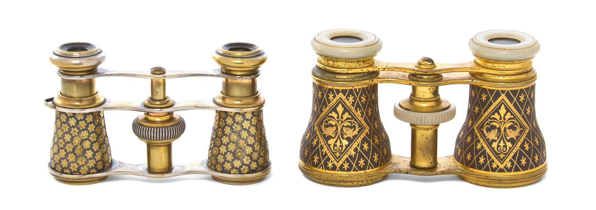 Two Pairs of Continental Enameled Opera Glasses, Width of first 5 7/8 inches.