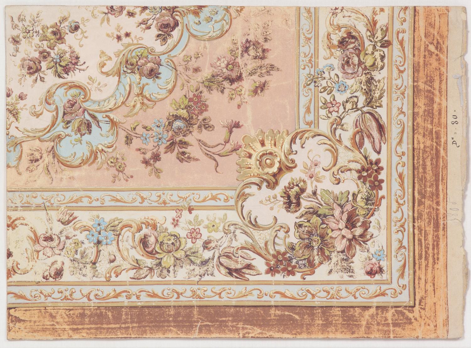A Painted Work on Paper of An Aubusson Rug Design 16 x 11 3/4 inches. — 19TH CENTURY