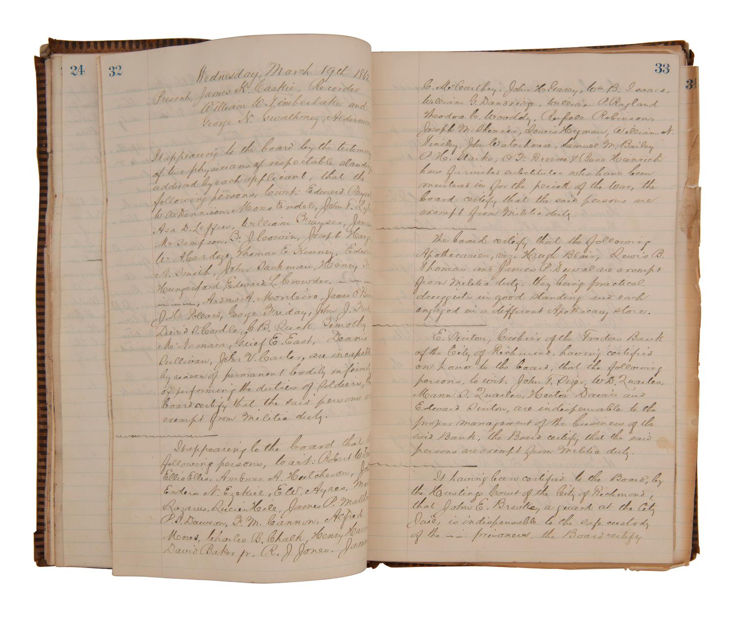 [CIVIL WAR - CONFEDERATE]. Ledger book containing records of military service exemptions and enlistments, Richmond, Virginia, 13-25 March 1862.