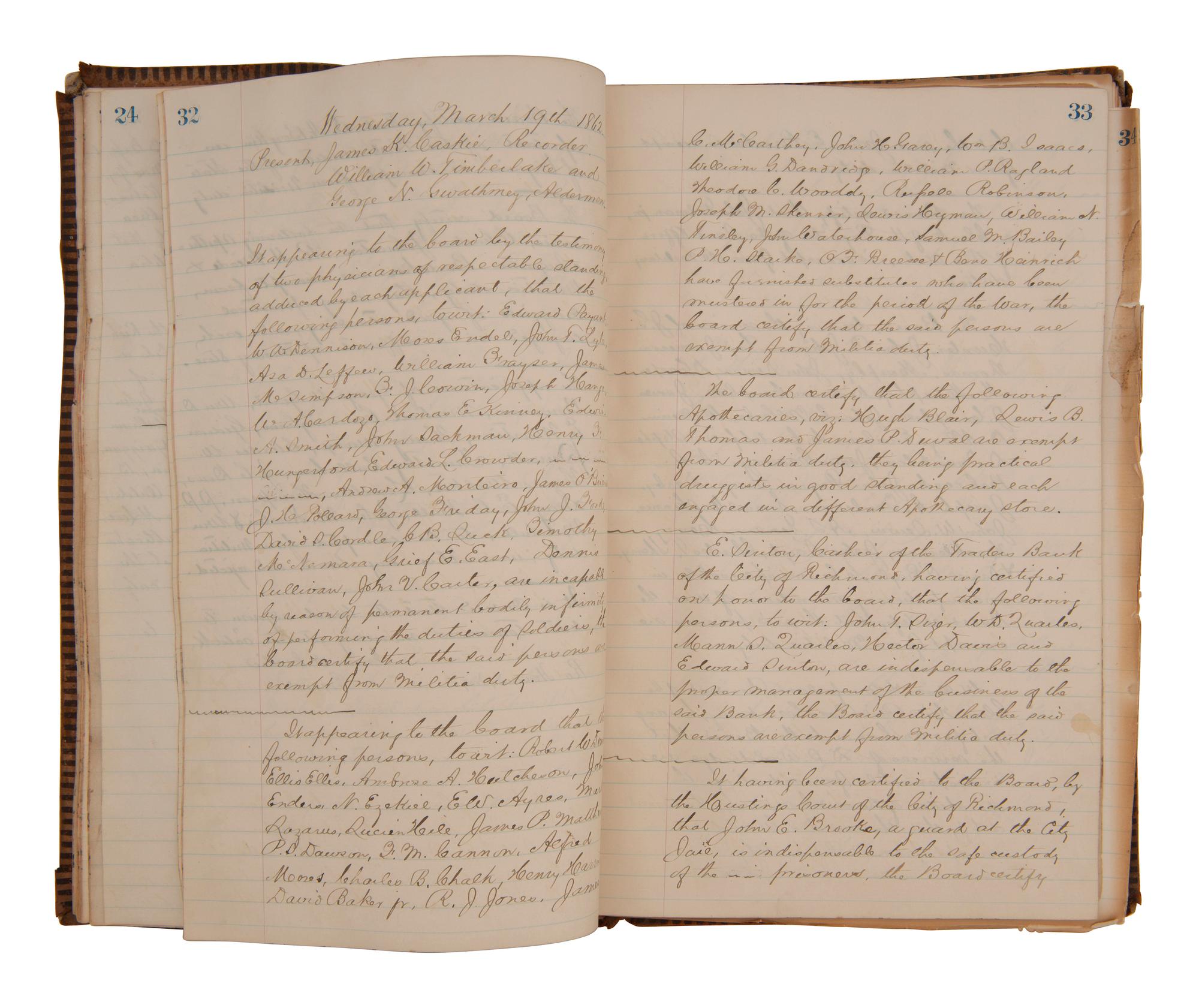 [CIVIL WAR - CONFEDERATE]. Ledger book containing records of military service exemptions and enlistments, Richmond, Virginia, 13-25 March 1862.