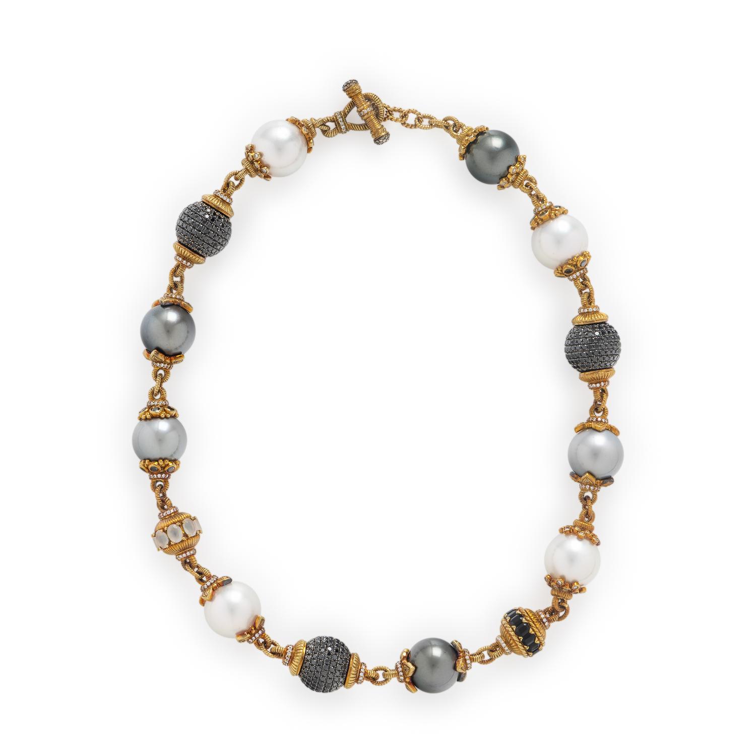 Cultured Pearl, Black Diamond, and Diamond Necklace