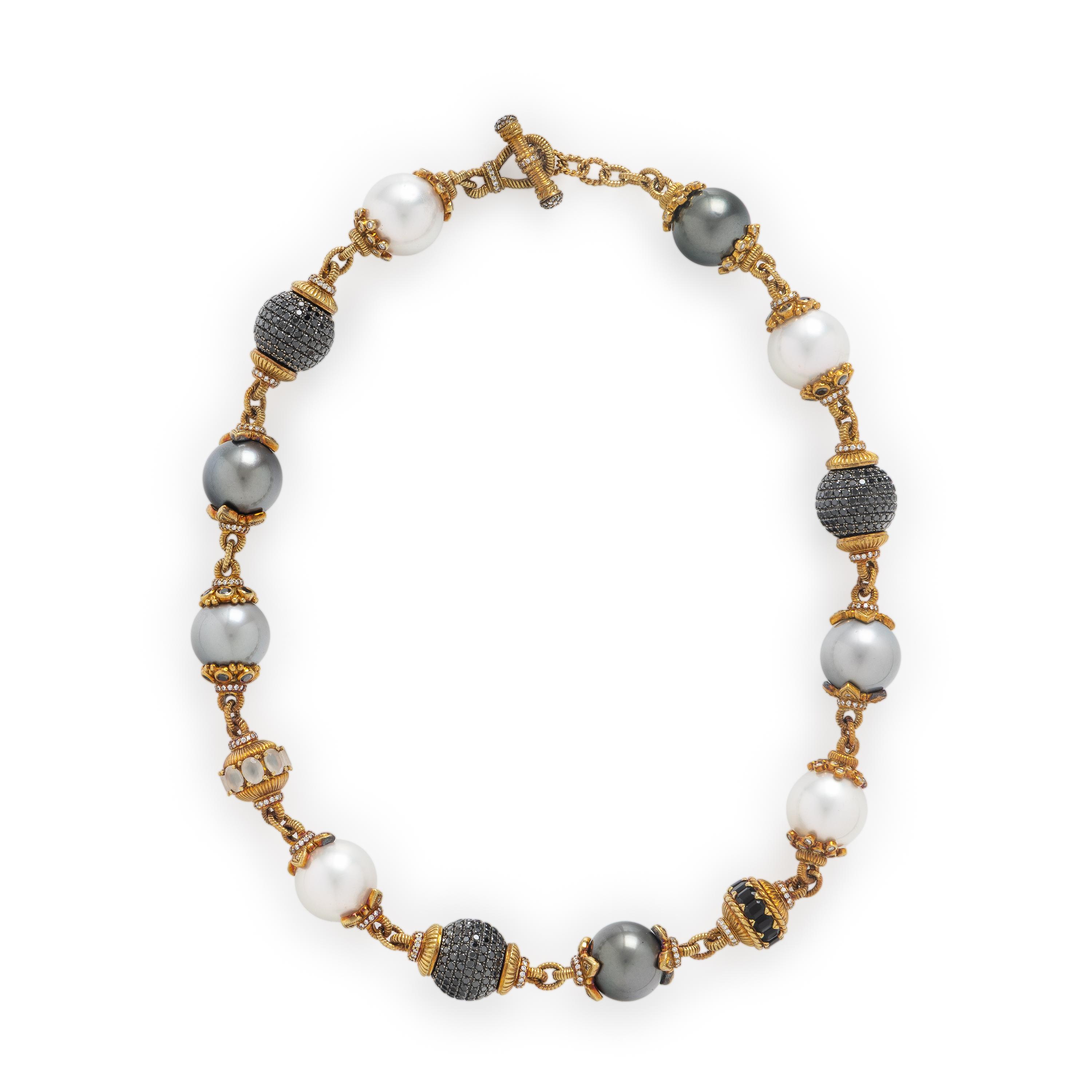 Cultured Pearl, Black Diamond, and Diamond Necklace