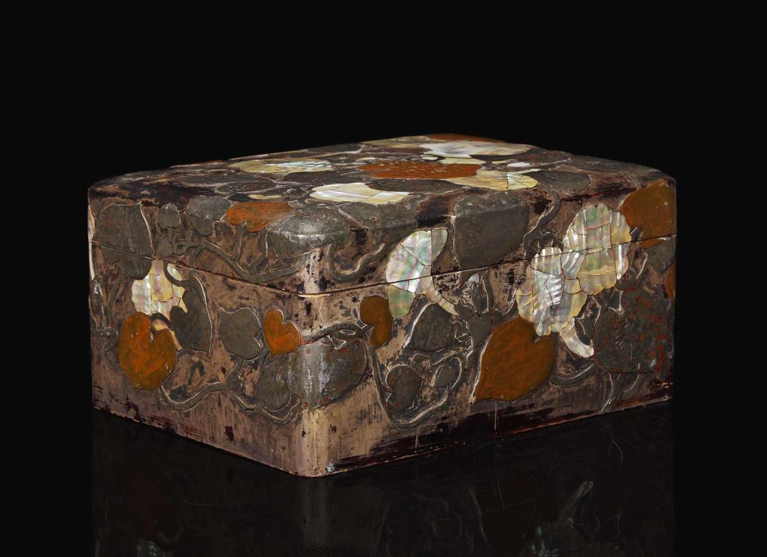 A Japanese Rinpa style metal and mother of pearl-inlaid lacquer "Morning Glories" box, Edo to Meiji period 琳派嵌百寶漆盒 江戶至明治