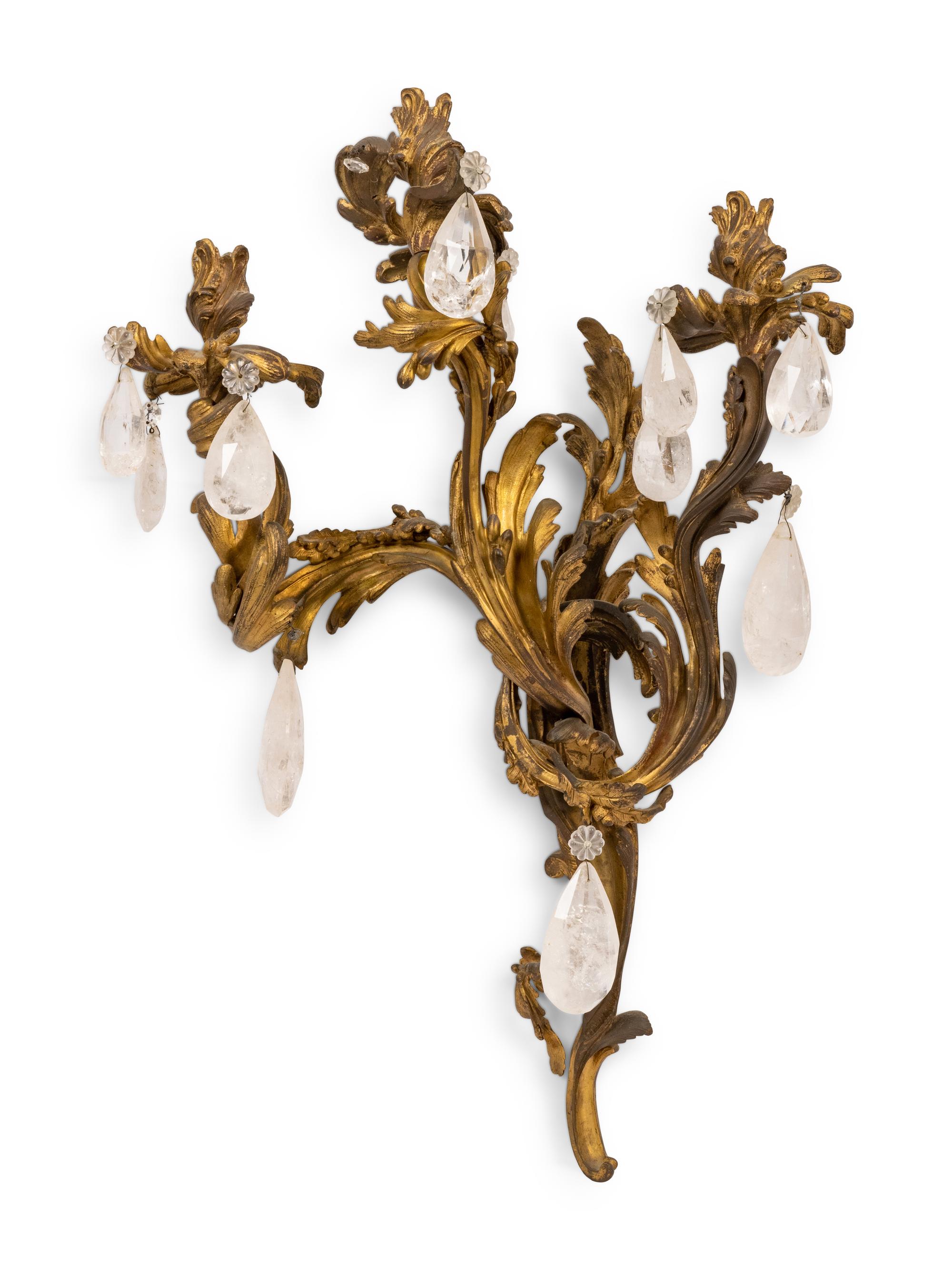 A Pair of Rococo Style Gilt Bronze and Crystal Three-Light Wall Sconces — LATE 19TH CENTURY