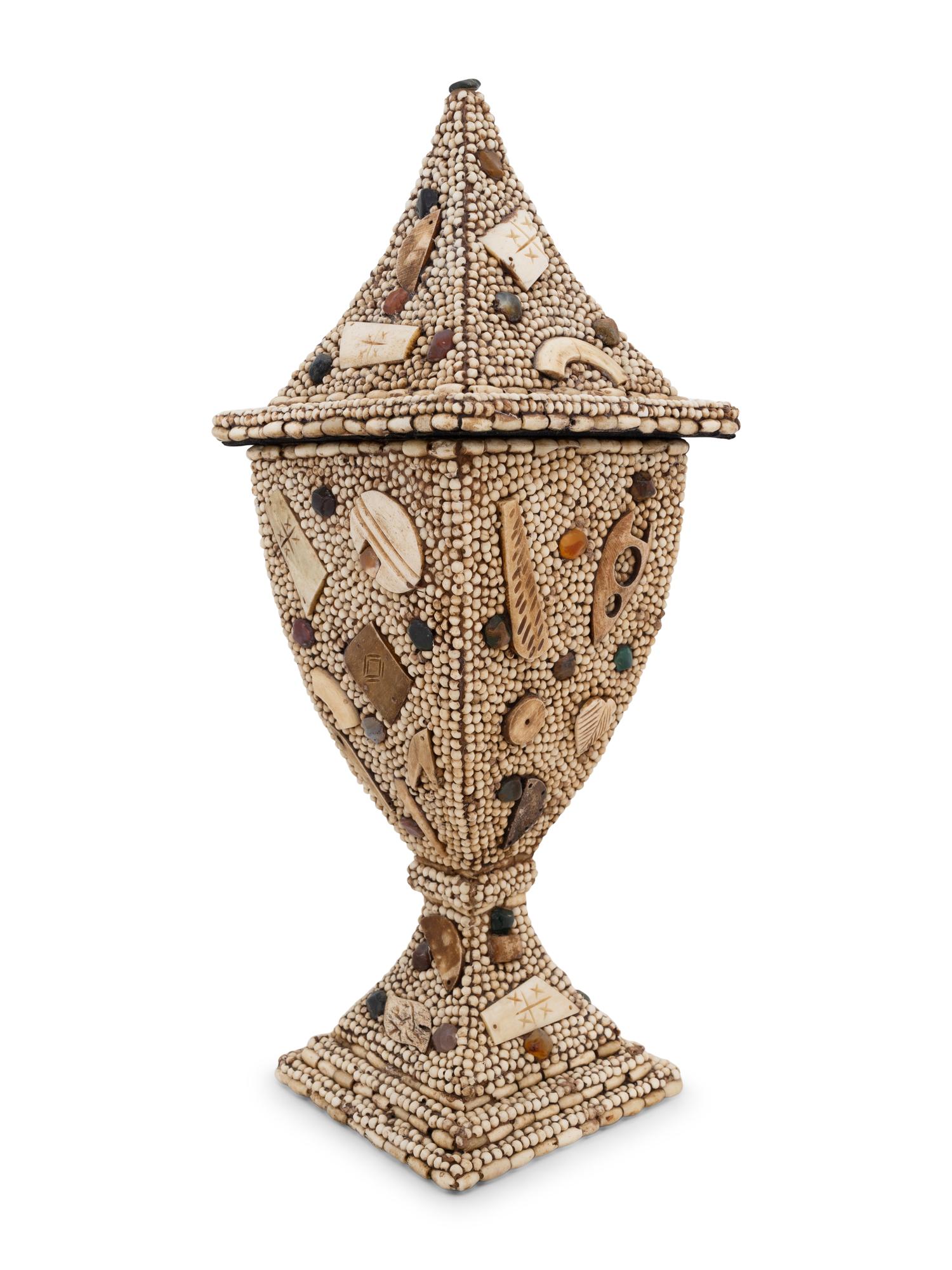 A Victorian Style Beadwork and Hardstone Mounted Lidded Urn