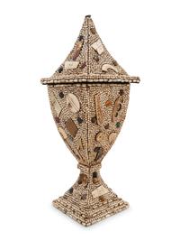 A Victorian Style Beadwork and Hardstone Mounted Lidded Urn