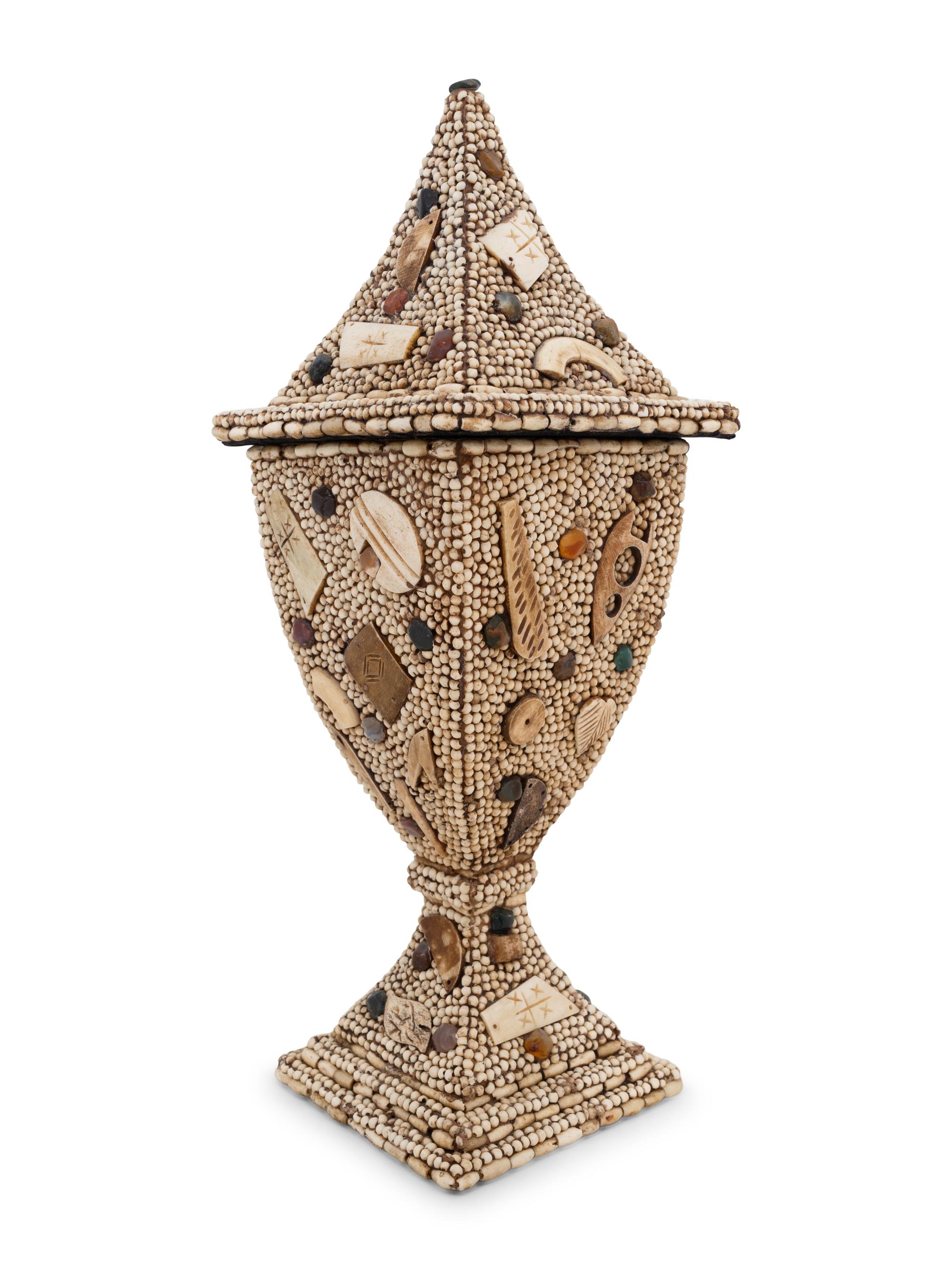 A Victorian Style Beadwork and Hardstone Mounted Lidded Urn