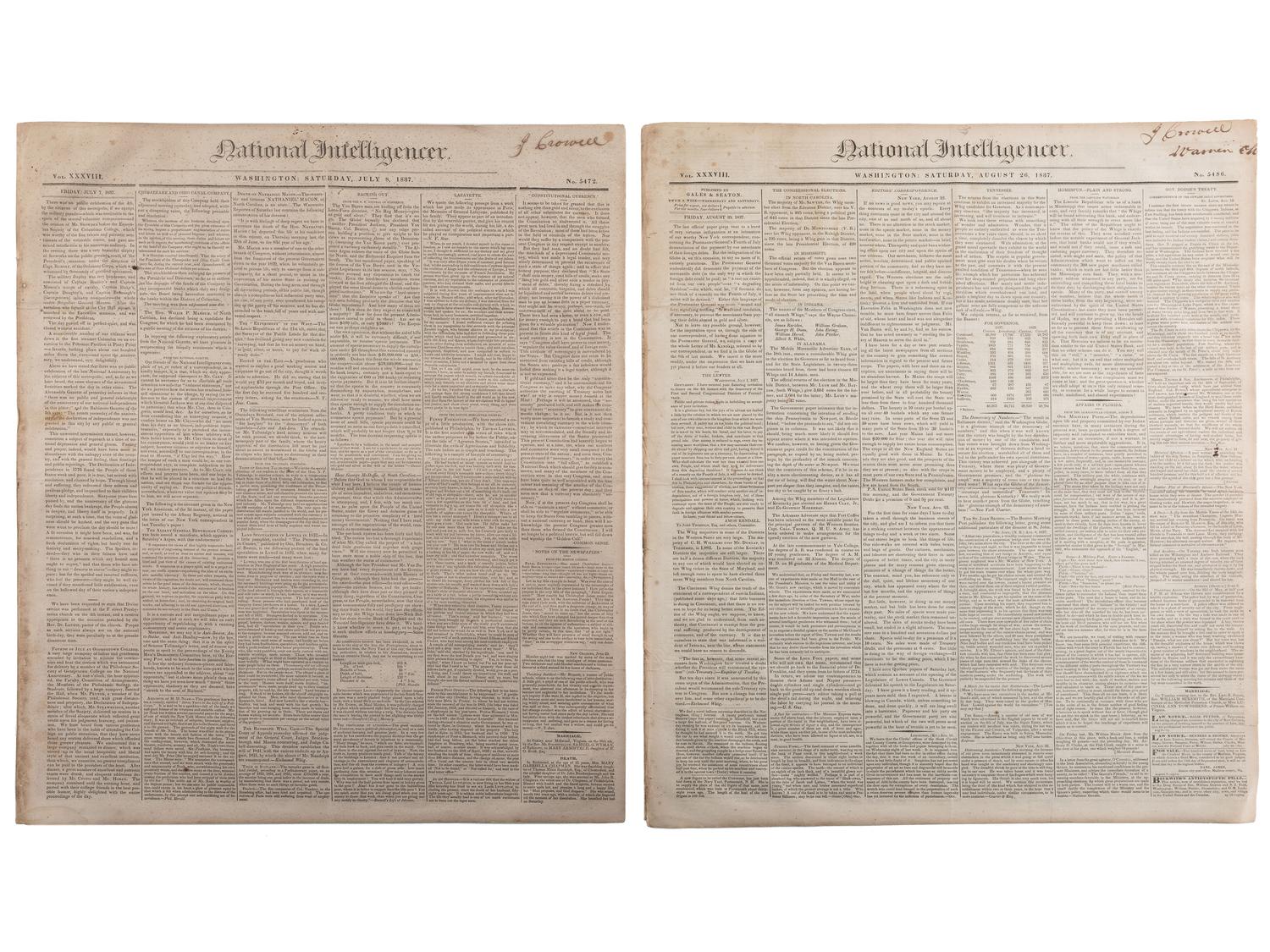 [SLAVERY & ABOLITION]. Advertisements for the return of freedom seekers published in 8 issues of The National Intelligencer . Washington, DC: May-August 1837.