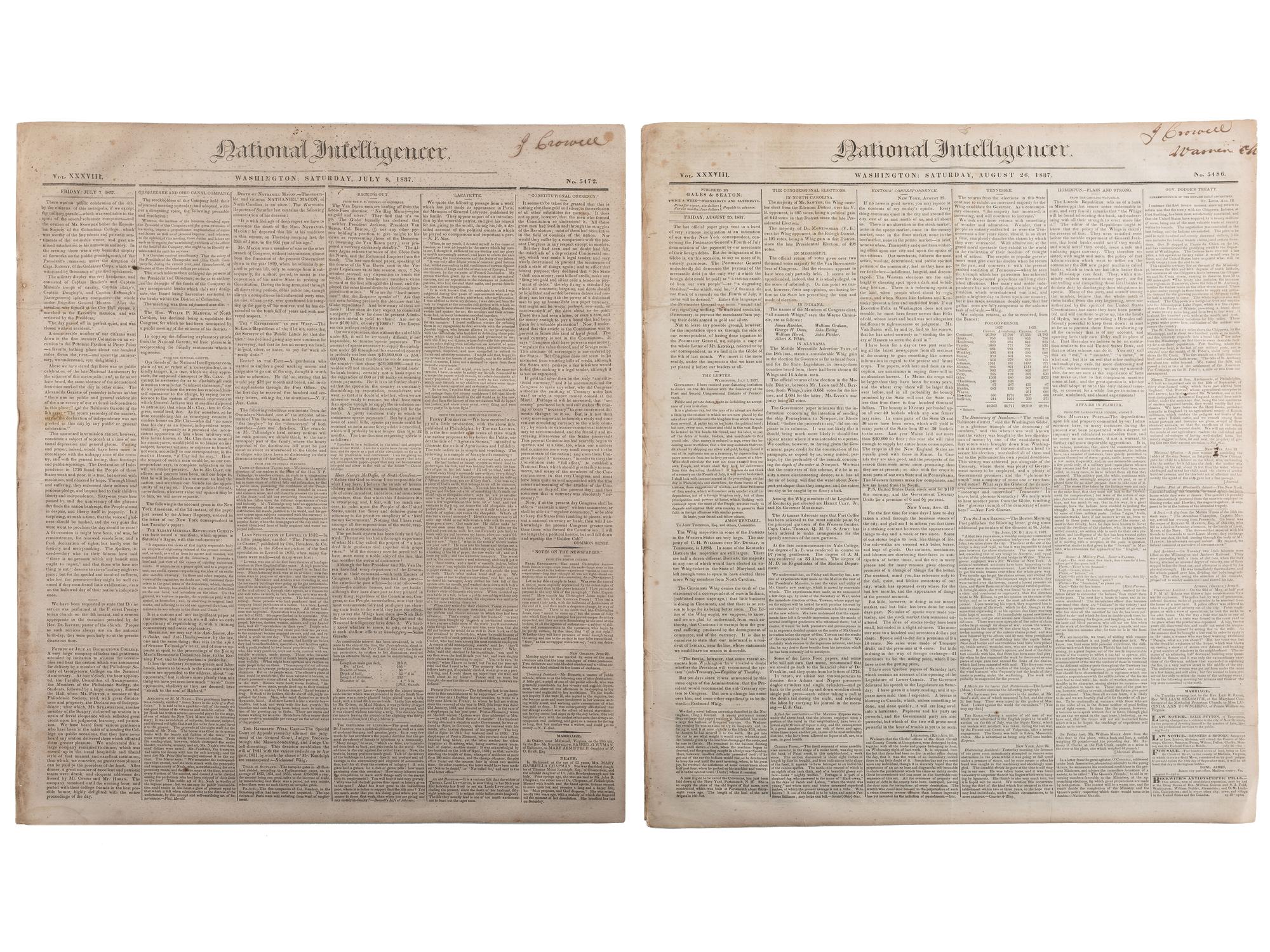[SLAVERY & ABOLITION]. Advertisements for the return of freedom seekers published in 8 issues of The National Intelligencer . Washington, DC: May-August 1837.