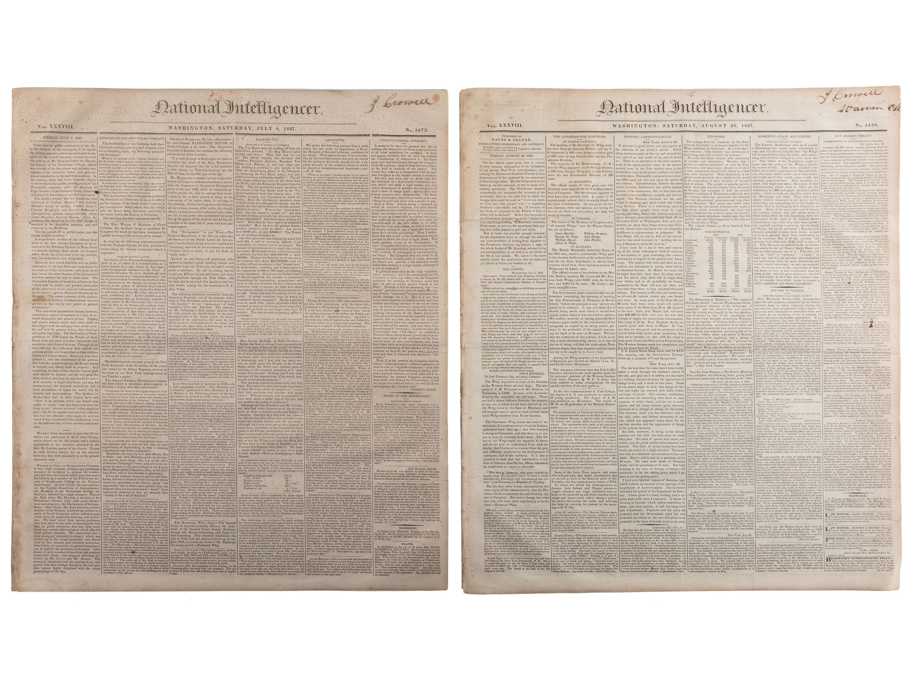 [SLAVERY & ABOLITION]. Advertisements for the return of freedom seekers published in 8 issues of The National Intelligencer . Washington, DC: May-August 1837.