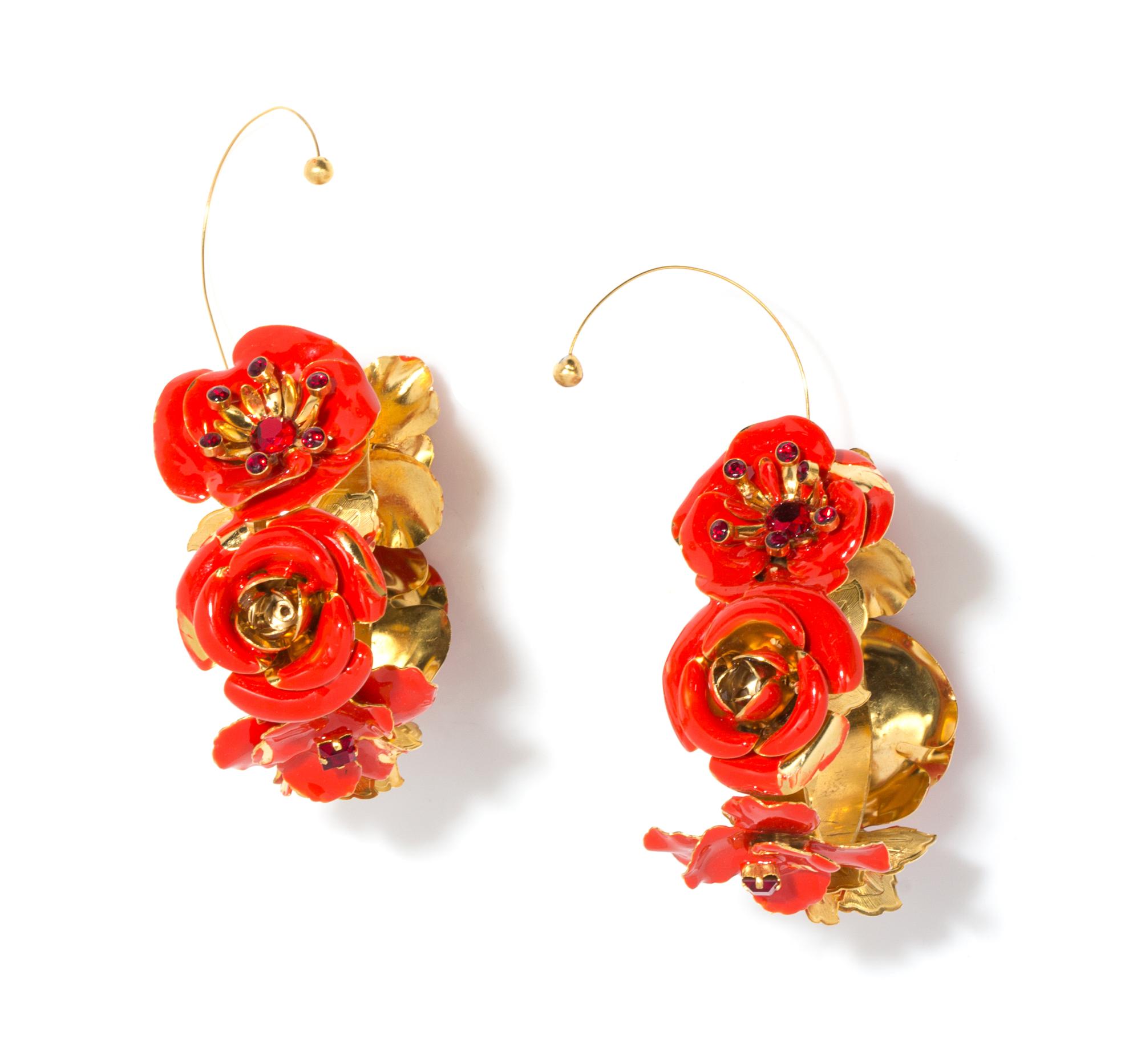 A Pair of Gianni Versace Red Enamel Floral Runway Earclips, Spring-Summer 1991