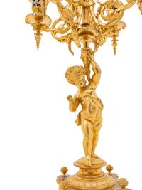 A Pair of French Gilt Bronze and Champlevé Five-Light Candelabra