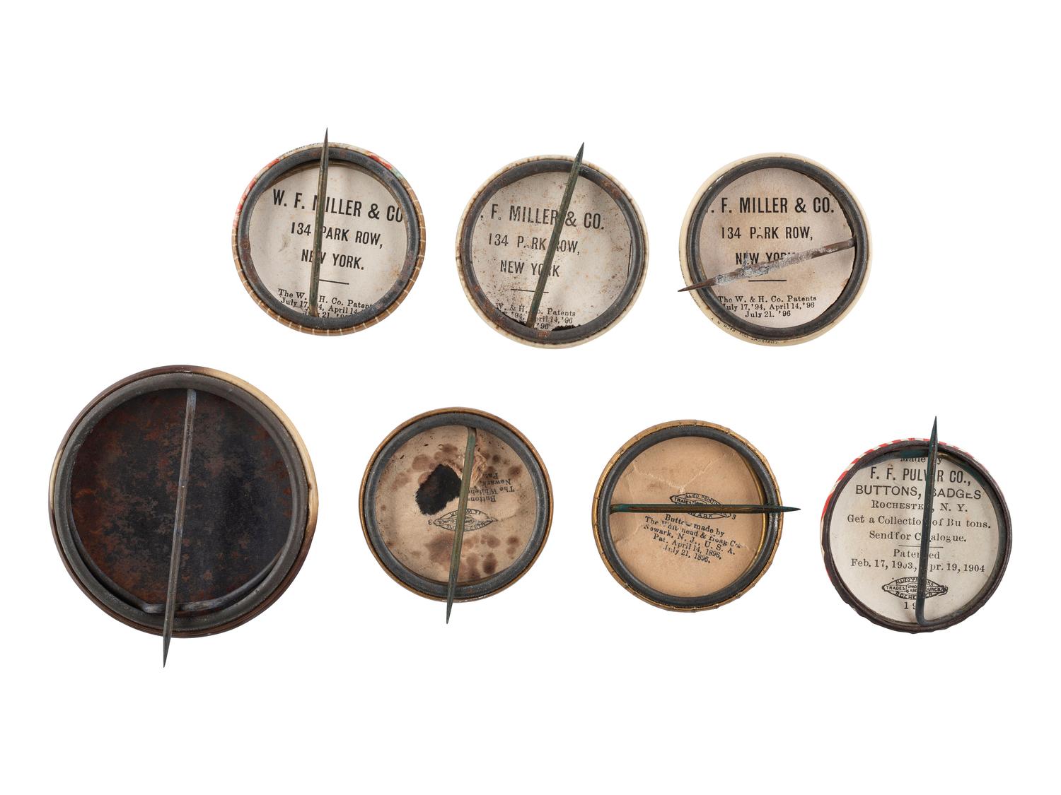 [POLITICS]. A group of 7 campaign buttons, incl. single examples promoting Alton b. Parker, and jugates for Parker & Davis and Roosevelt & Fairbanks.