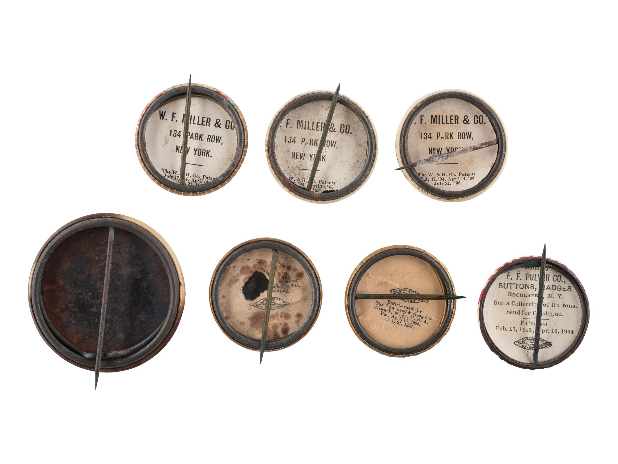 [POLITICS]. A group of 7 campaign buttons, incl. single examples promoting Alton b. Parker, and jugates for Parker & Davis and Roosevelt & Fairbanks.
