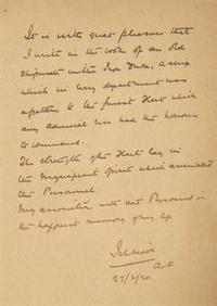 [World War I] Jellicoe, John. Autograph letter, signed