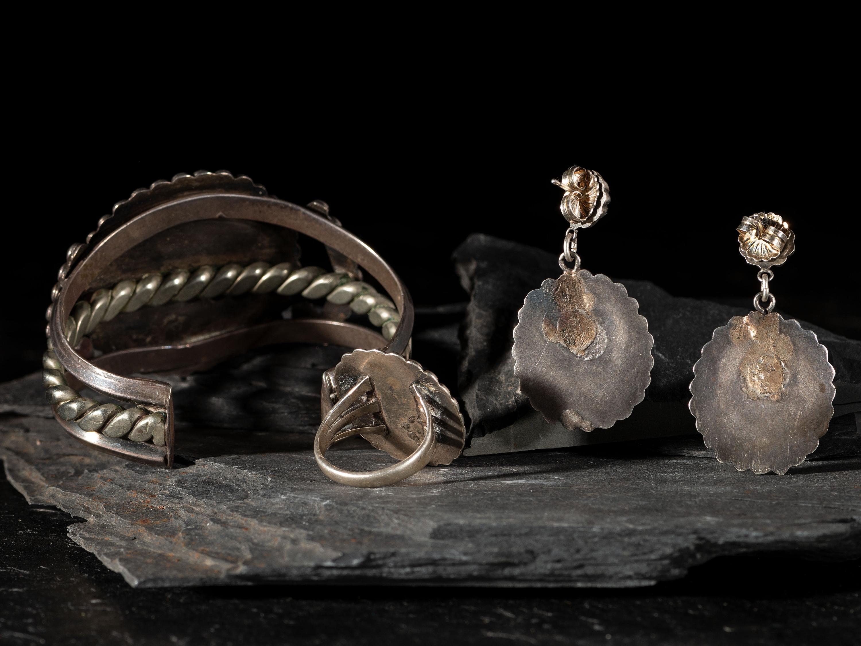 Silver and Mosaic Inlay Knifewing Cuff Bracelet, Earrings, and Ring