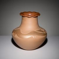 Russell Sanchez (San Ildefonso, b. 1963) — Two-toned Sienna Pottery Jar, with Lone Mountain Turquoise Cabochon, 1989