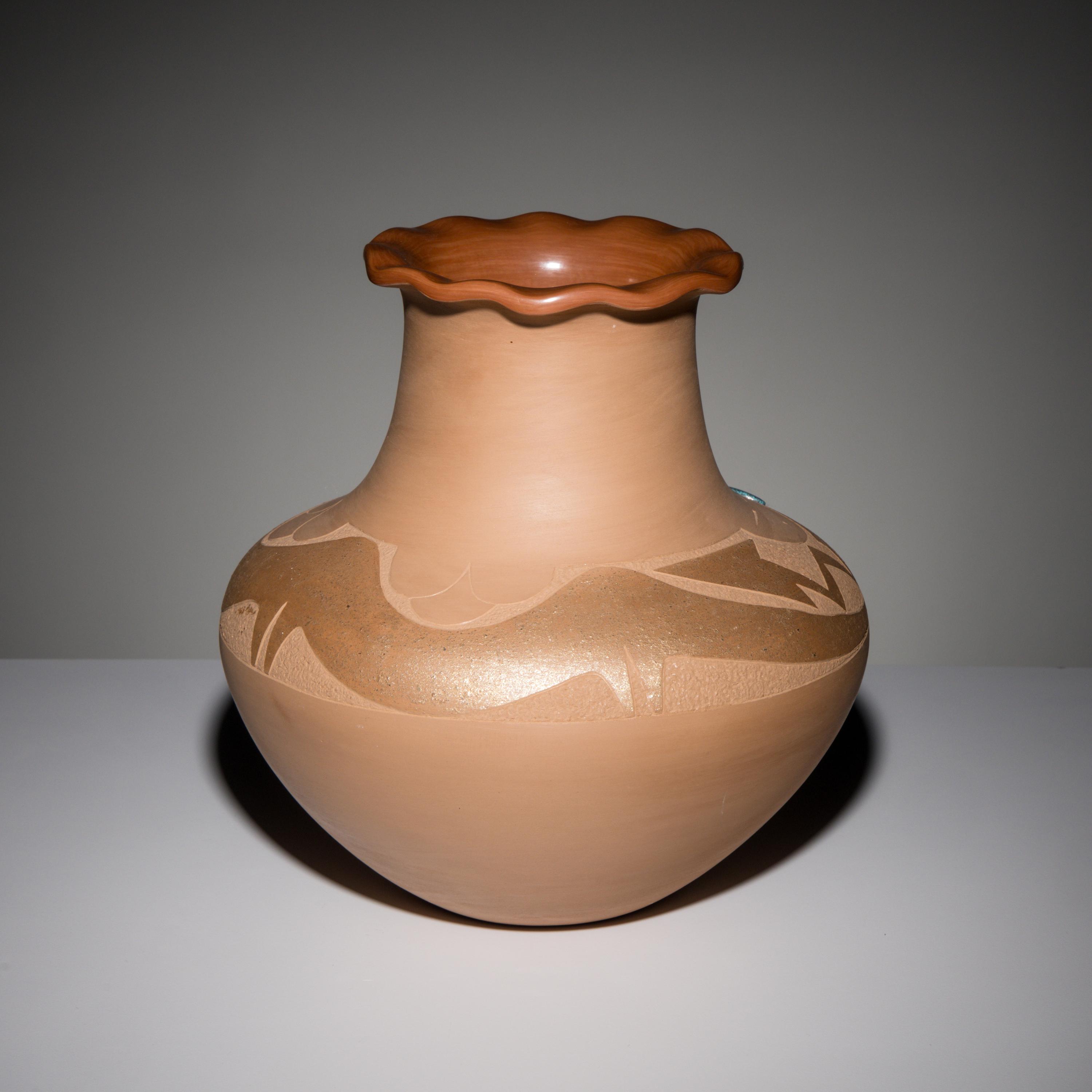 Russell Sanchez (San Ildefonso, b. 1963) — Two-toned Sienna Pottery Jar, with Lone Mountain Turquoise Cabochon, 1989