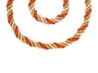 YELLOW GOLD, CORAL AND CULTURED PEARL SET