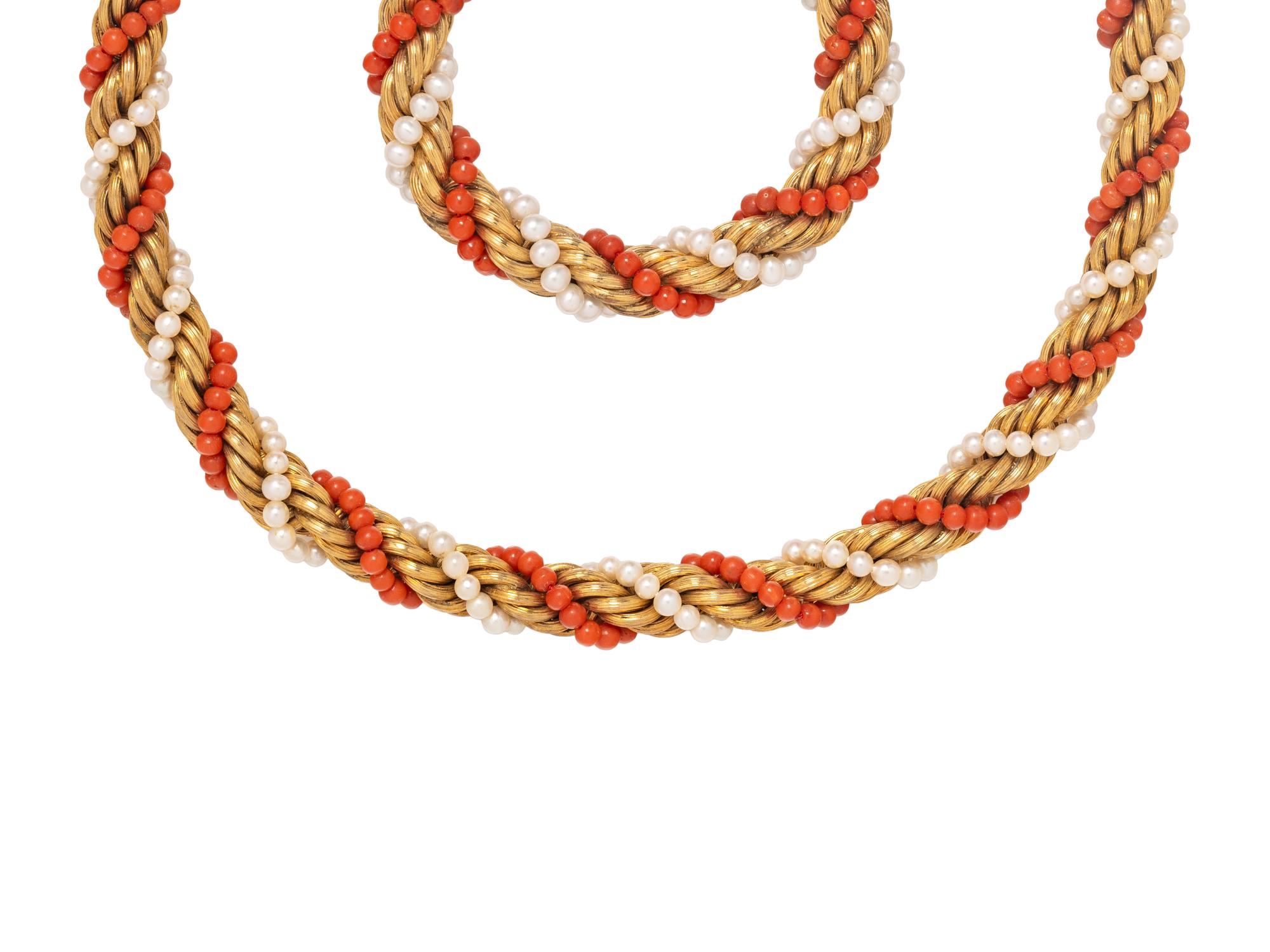 YELLOW GOLD, CORAL AND CULTURED PEARL SET