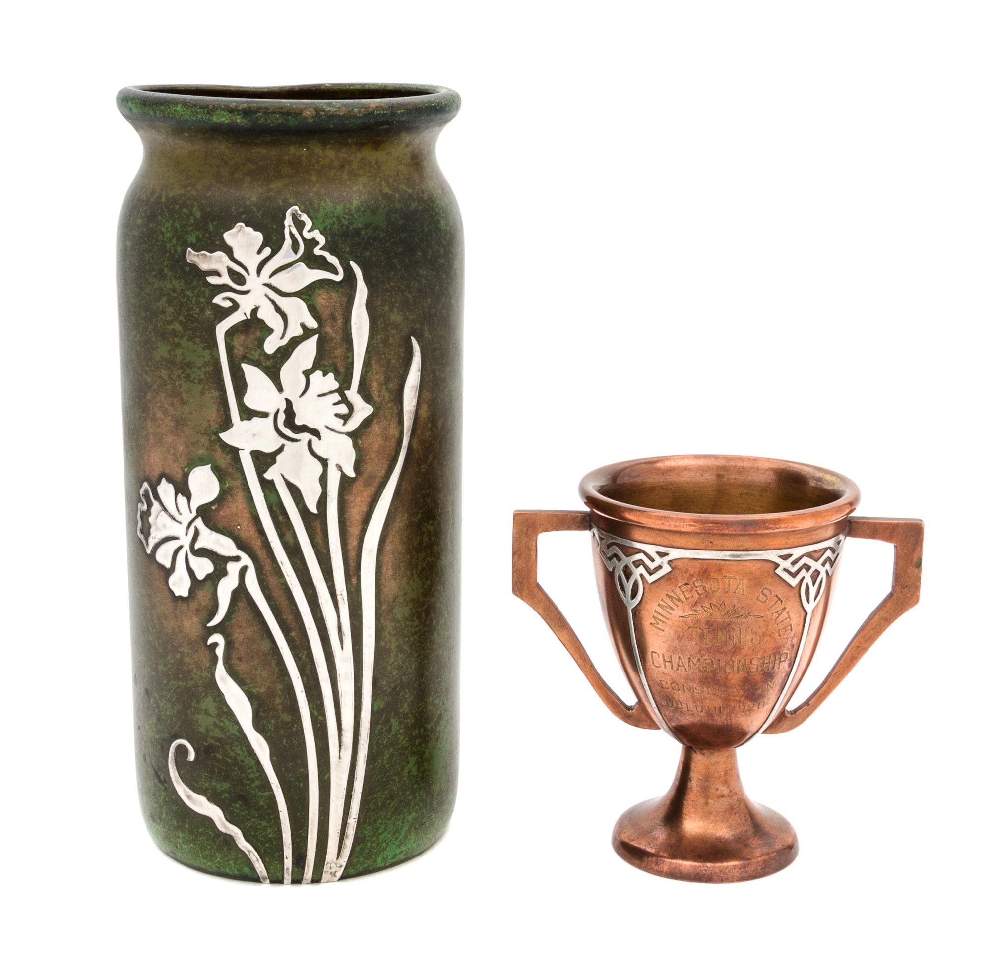 Two Heintz Silver Overlay Bronze Articles Height of taller 7 7/8 inches.