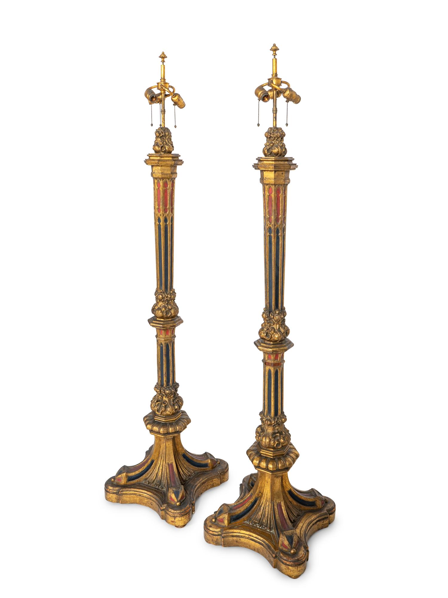 A Pair of Large Gothic Style Giltwood and Polychrome-Painted Floor Lamps