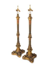 A Pair of Large Gothic Style Giltwood and Polychrome-Painted Floor Lamps