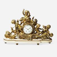 A French Louis XVI style gilt bronze and white marble figural mantel clock Imported by Harris & Harrington (1896-1919), New York, circa 1900