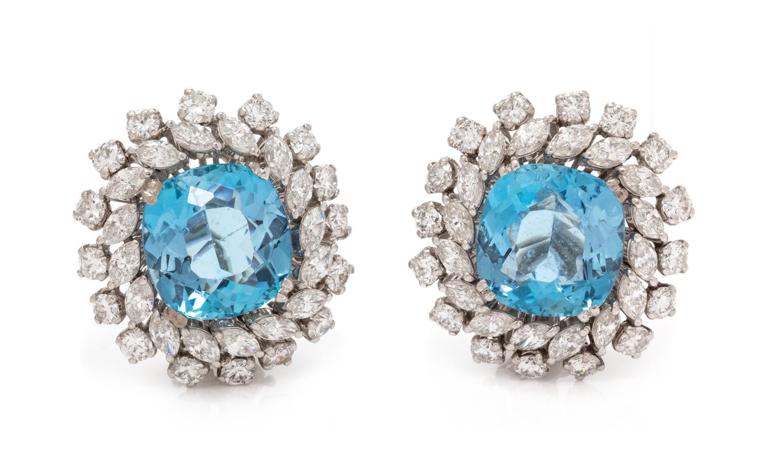 A Pair of Platinum, Aquamarine and Diamond Earclips, 8.35 dwts.