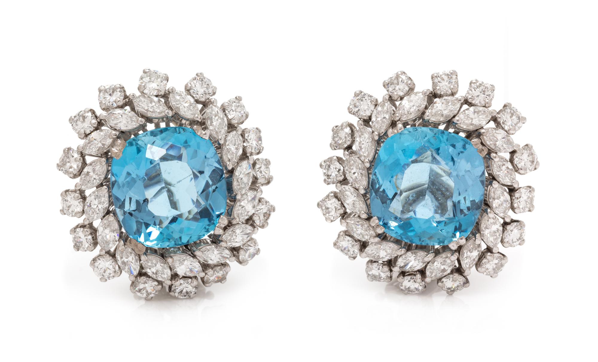 A Pair of Platinum, Aquamarine and Diamond Earclips, 8.35 dwts.