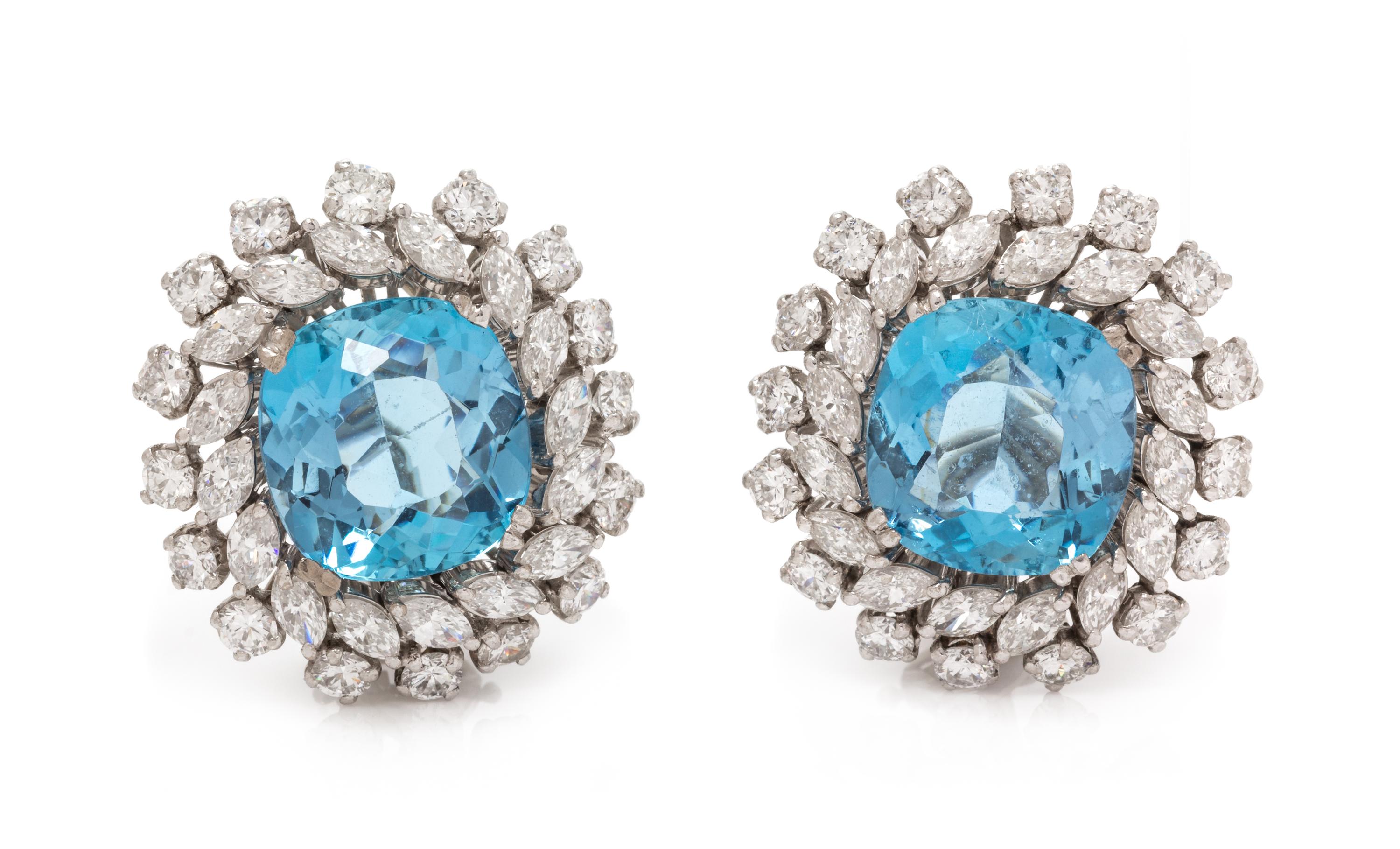A Pair of Platinum, Aquamarine and Diamond Earclips, 8.35 dwts.