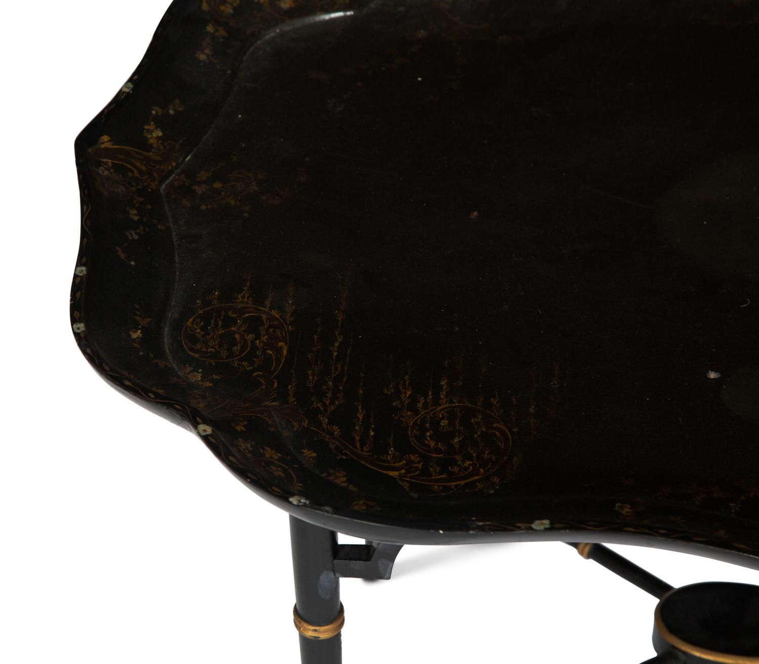 An Early Victorian Black Lacquered Papier Mache Tray on Stand