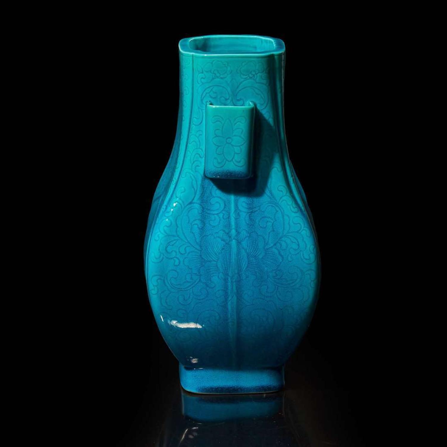 A Chinese turquoise-glazed floral-incised porcelain vase, Fang Hu 松石綠地暗花方壺 Possibly Guangxu period ?????