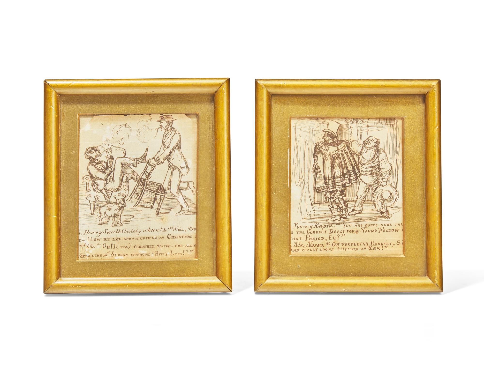 English School 19th Century, Two Satirical Ink Drawings