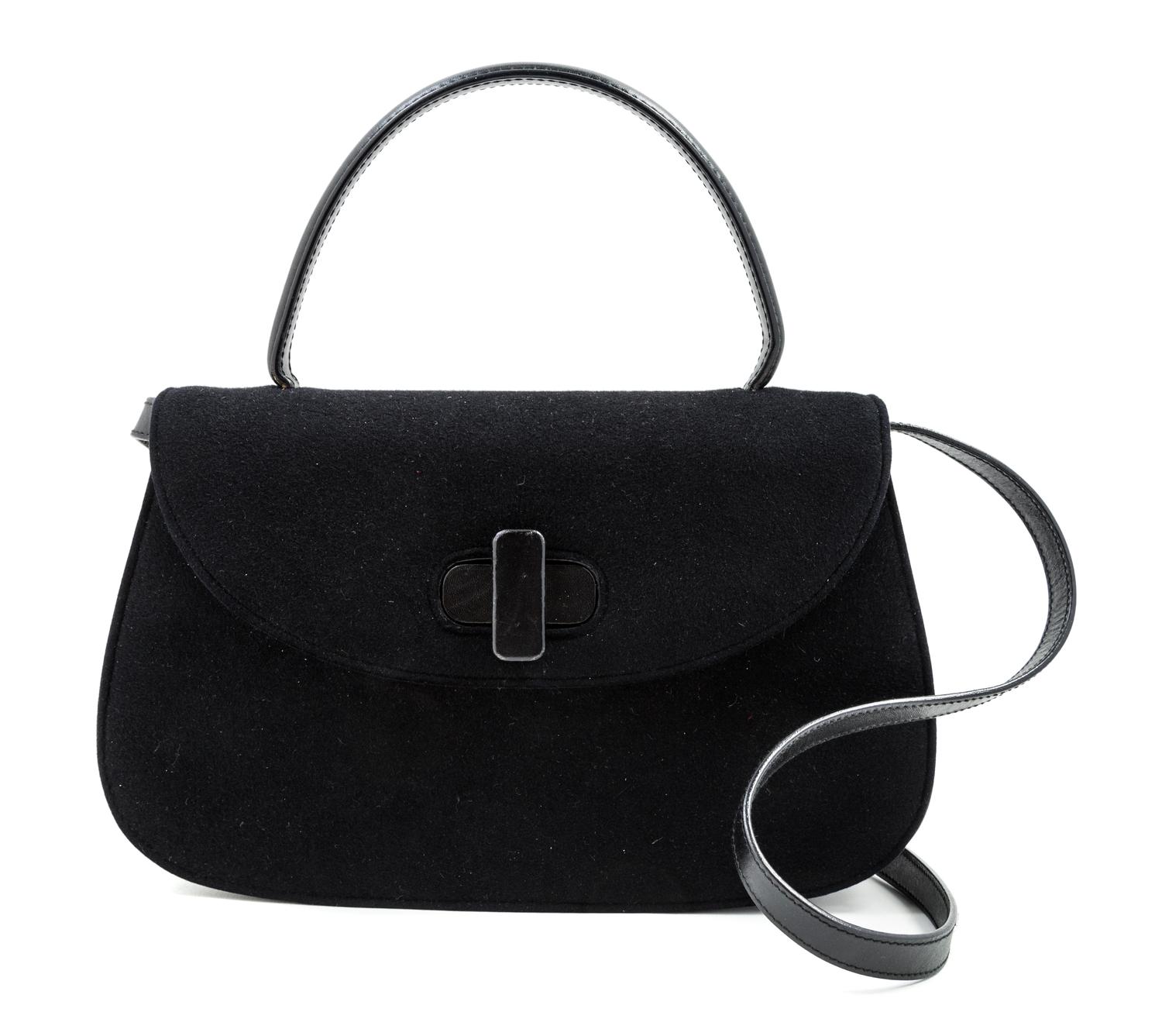 A Gucci Black Suede Flap Handbag, 11" x 7" x 2.5"; Handle drop: 4.5".