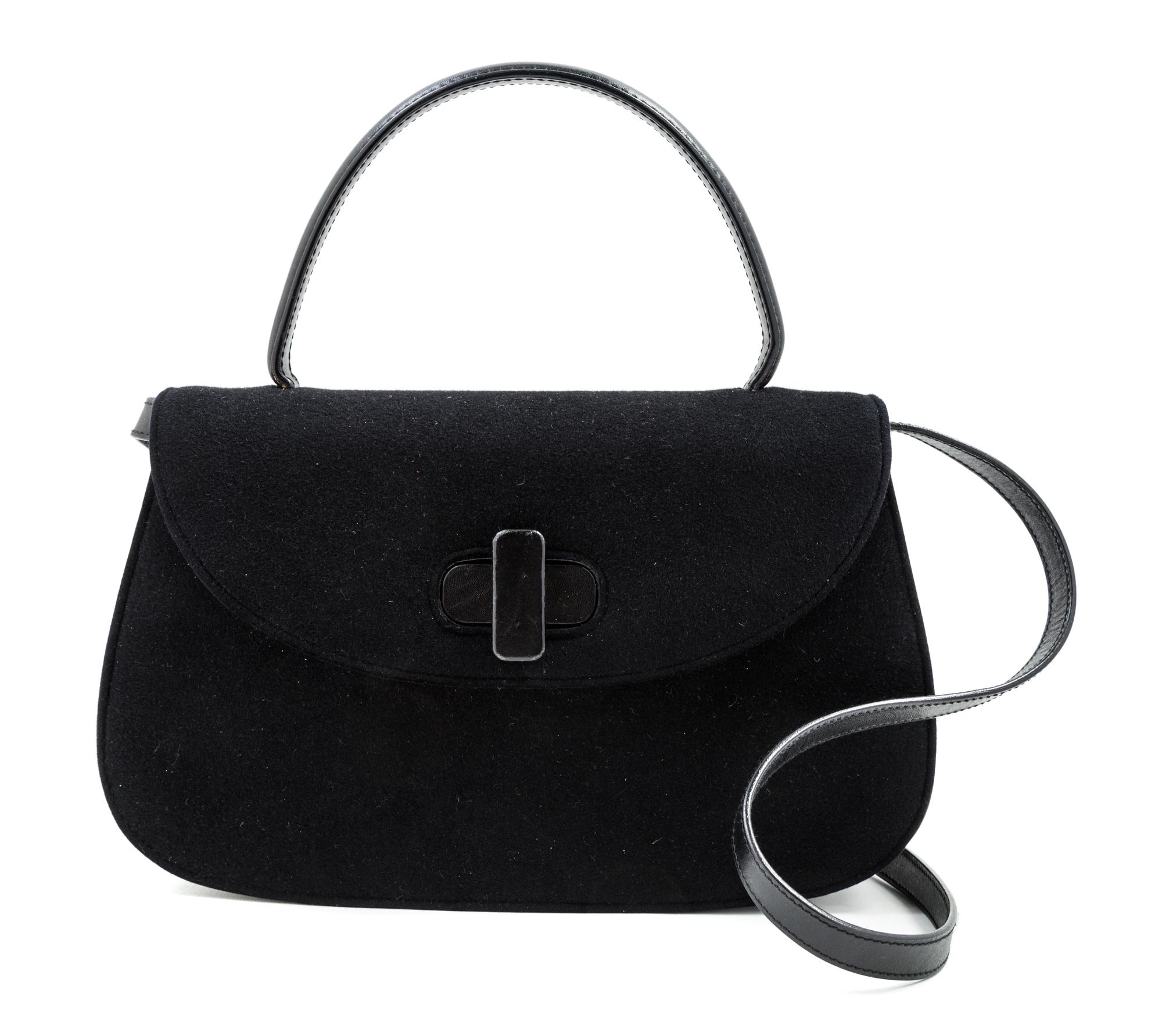 A Gucci Black Suede Flap Handbag, 11" x 7" x 2.5"; Handle drop: 4.5".
