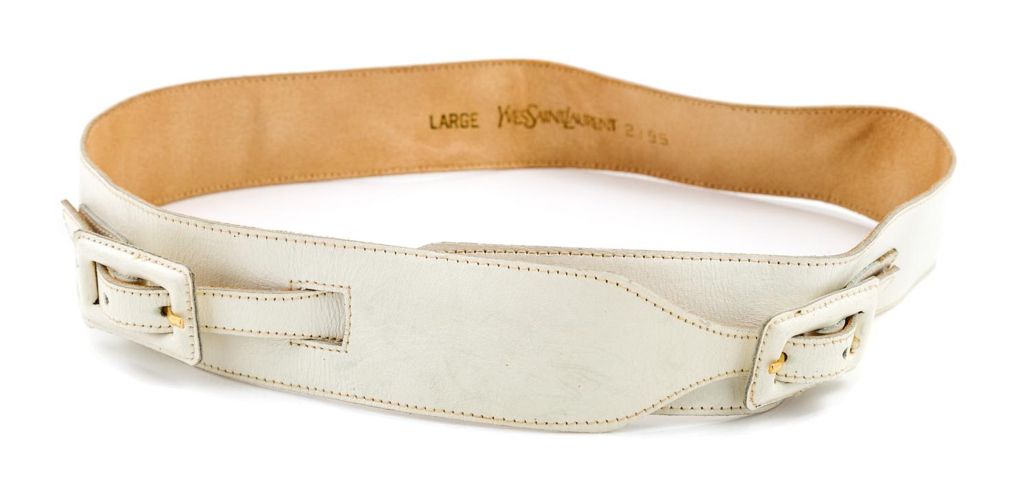 An Yves Saint Laurent White Leather Double Buckle Belt, Size large.