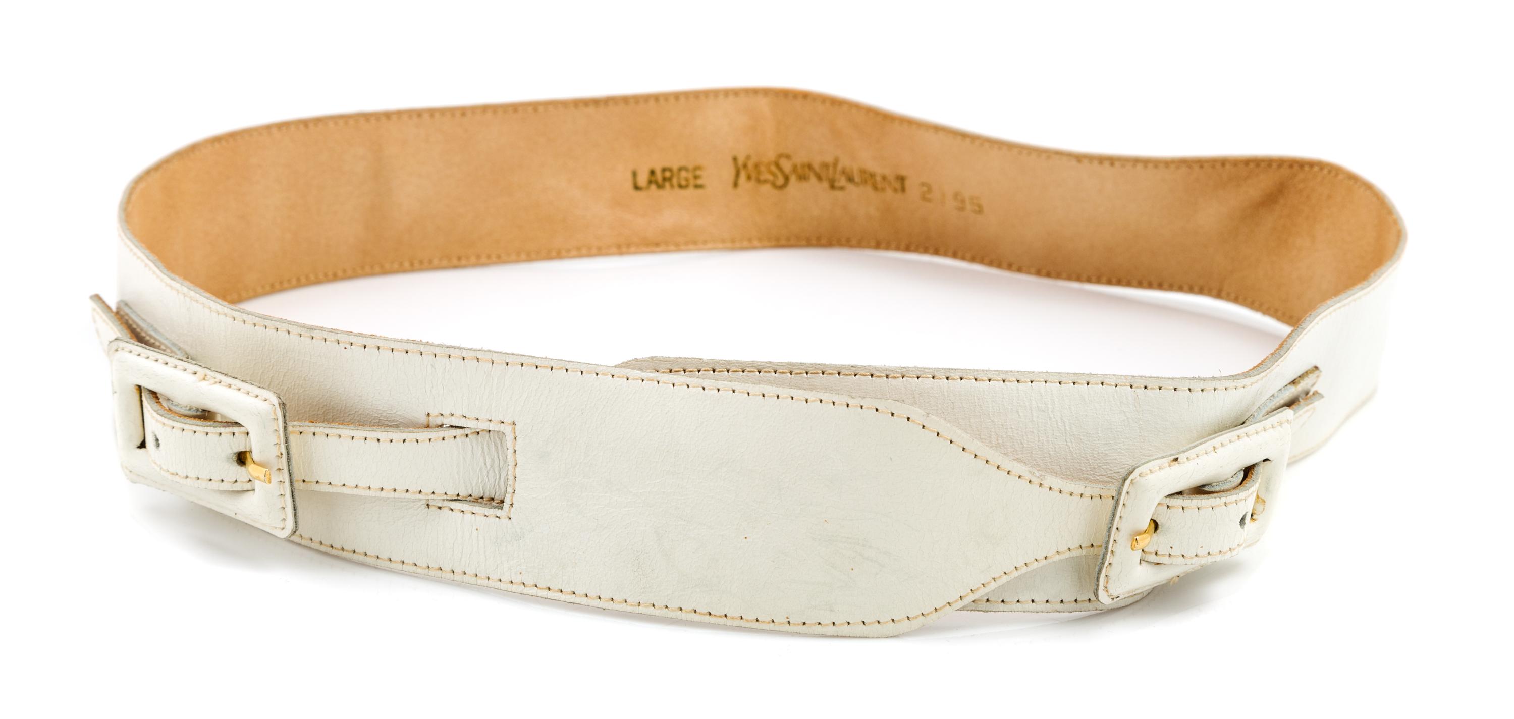 An Yves Saint Laurent White Leather Double Buckle Belt, Size large.