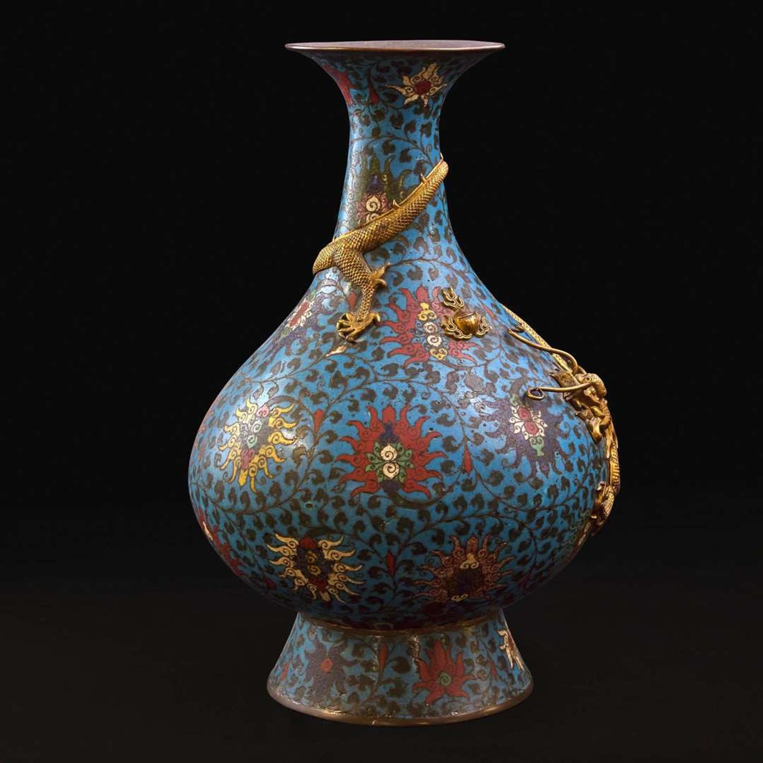 A large and impressive Chinese gilt-repoussé-embellished cloisonné vase 铜鎏金掐丝珐琅蟠龙瓶 The vase 17th/early 18th century, with later embellishment ???????????? ???