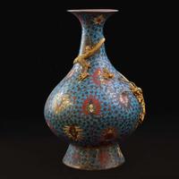 A large and impressive Chinese gilt-repoussé-embellished cloisonné vase 铜鎏金掐丝珐琅蟠龙瓶 The vase 17th/early 18th century, with later embellishment ???????????? ???