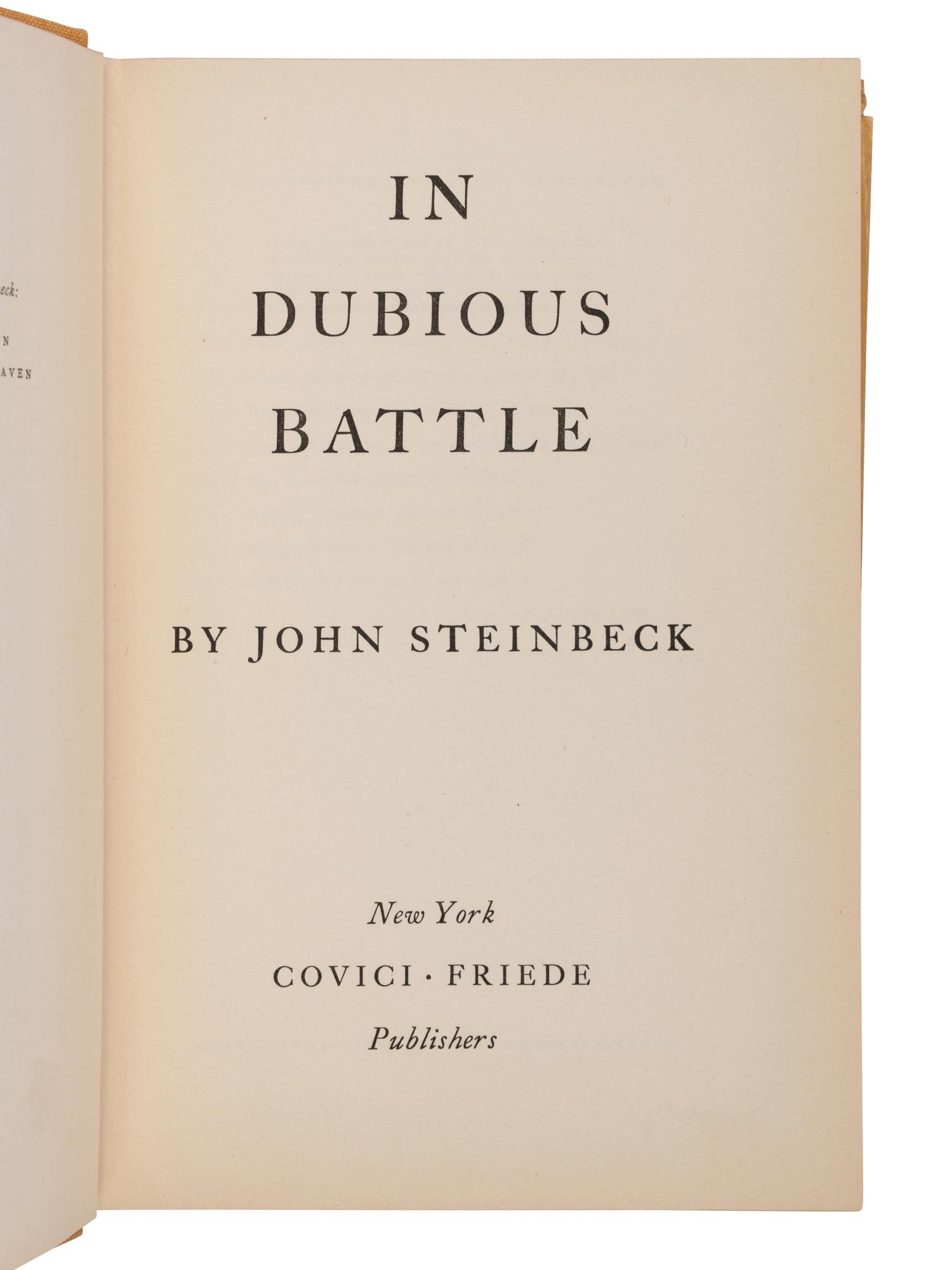 STEINBECK, John (1902-1968). In Dubious Battle . New York: Covici-Friede, 1936.